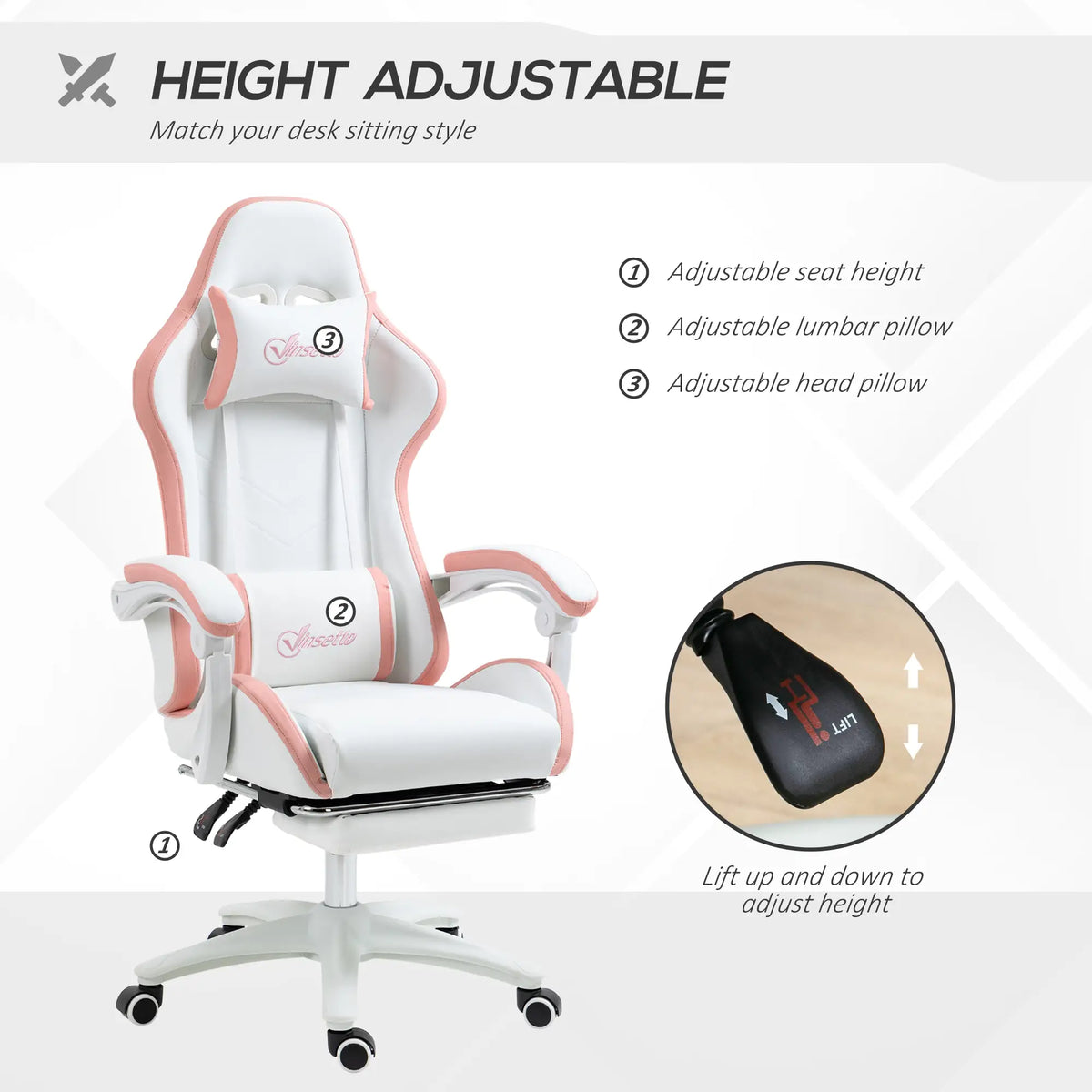 Computer Gaming Chair, PU Leather, 135° Reclining Back, White Video Game Chairs at Gallery Canada