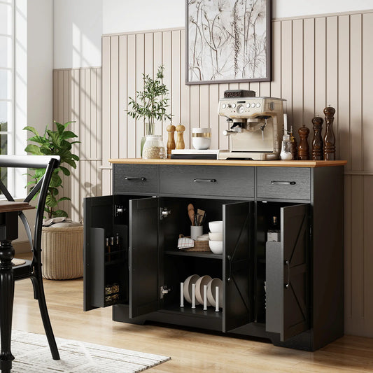 47" Buffet Cabinet, Farmhouse Sideboard, 3 Drawers, Adjustable Shelves, Black Bar Cabinets Black Wood Grain, Walnut at Gallery Canada