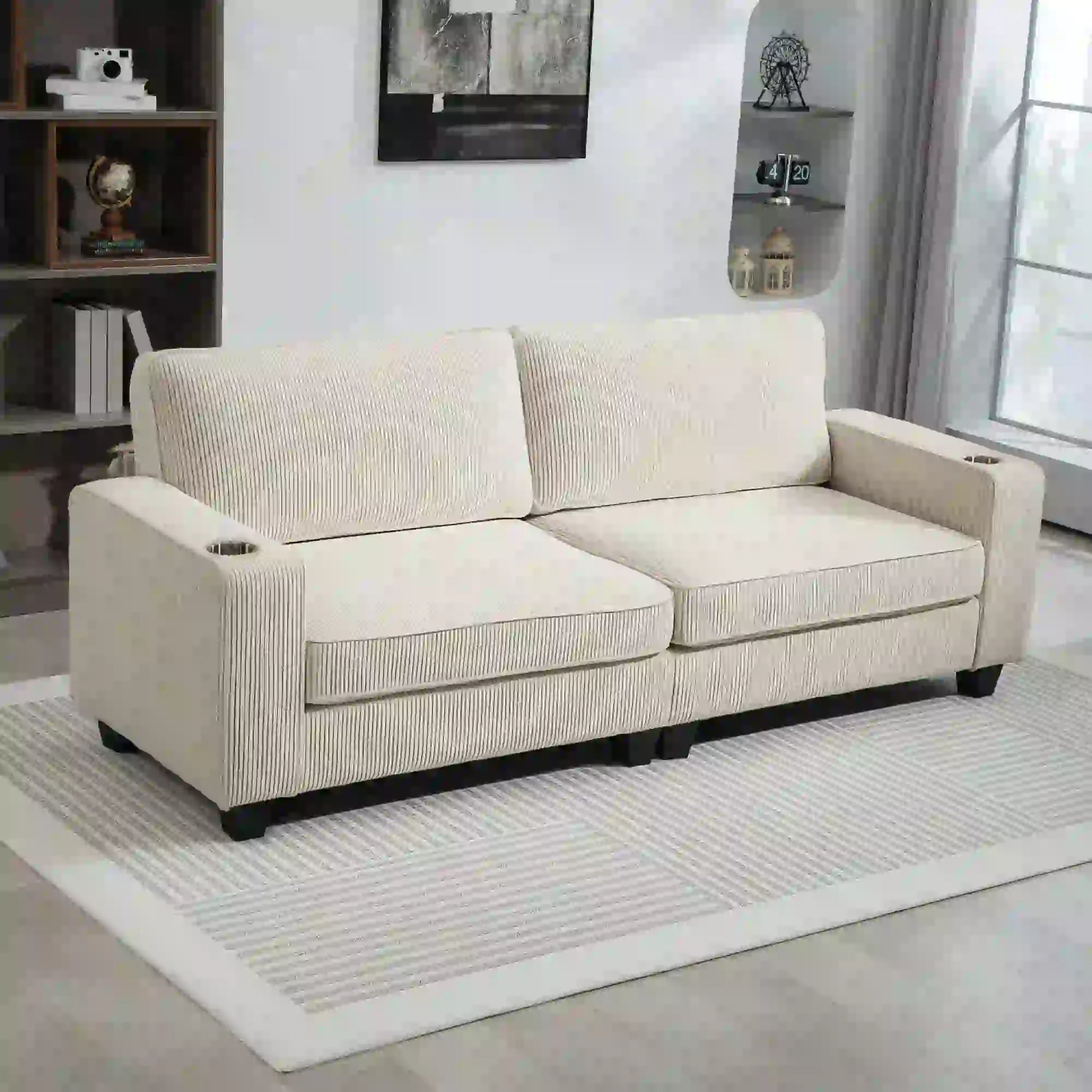 Three Seater Sofa, Fabric Couch with Spring Cushion, Cream White 3-Seater Sofas at Gallery Canada