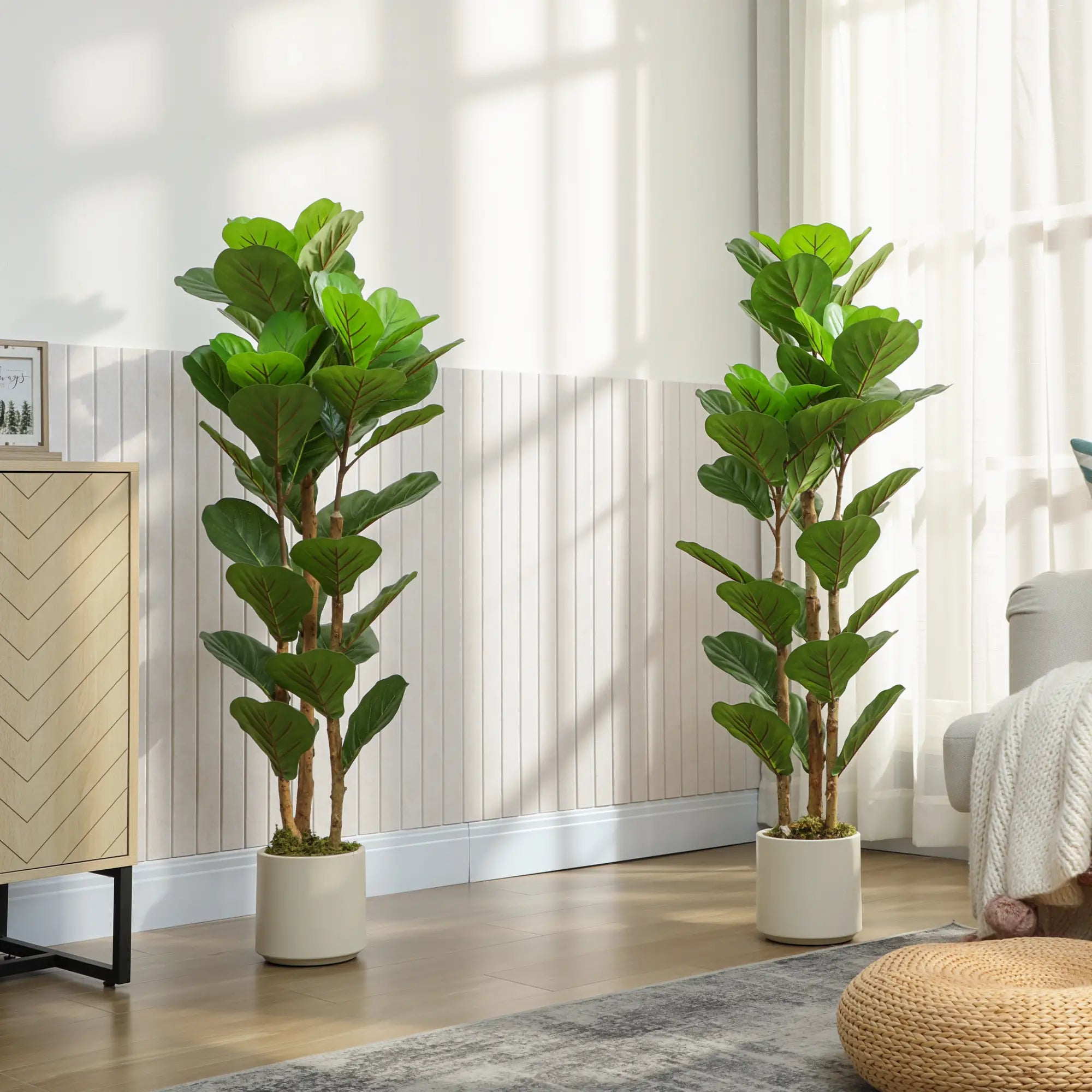 4FT Artificial Fiddle Leaf Fig Tree Set Of 2, Fake Potted Tree With Solid Wood Trunks, Green Artificial Trees at Gallery Canada