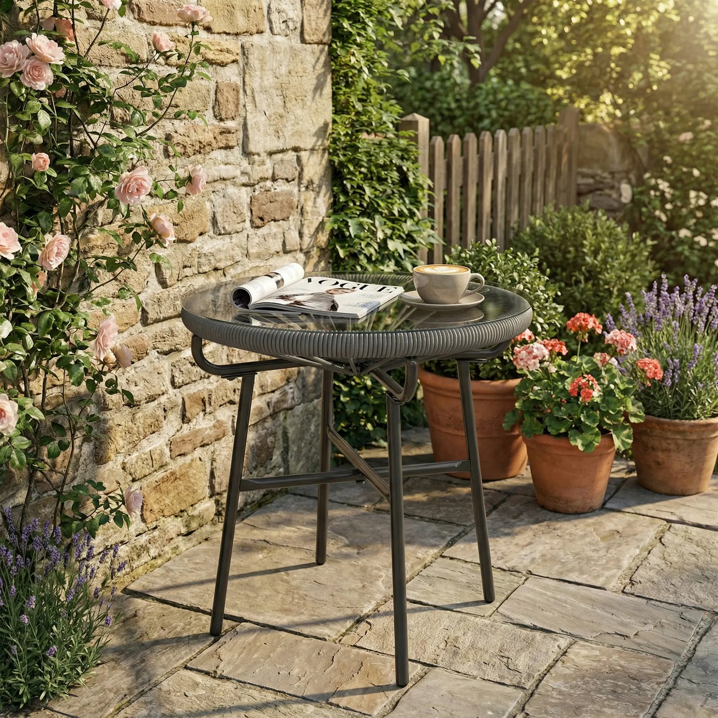 Round Outdoor Rattan Side Table, Tempered Glass Top, Dark Grey Patio Side Tables at Gallery Canada