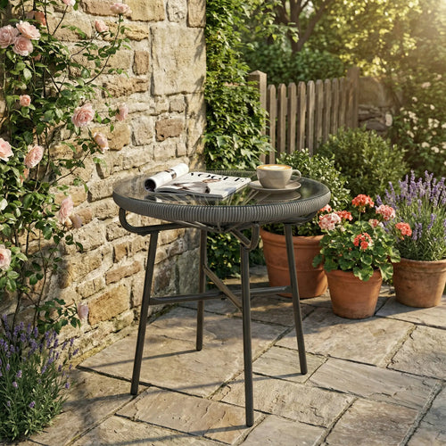 Round Outdoor Rattan Side Table, Tempered Glass Top, Dark Grey