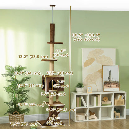 89"-104" Cat Tree with Scratching Post, Cat House, 3-Steps, Hanging Ball, Brown Floor to Ceiling Cat Trees at Gallery Canada