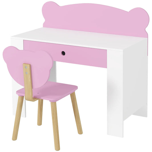 Kids Desk and Chair Set, Bear Theme, for Bedroom, Pink Kids Desk Sets Pink, White at Gallery Canada