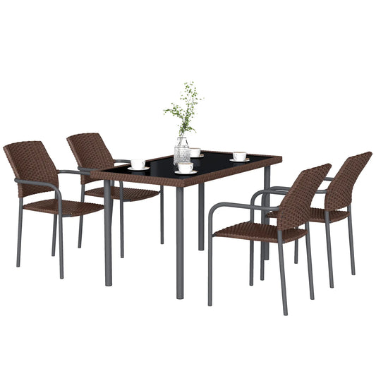 5 Piece Outdoor Dining Set, PE Wicker Rattan Patio Furniture, Stackable Chairs, Glass Table Top Patio Furniture Sets Brown at Gallery Canada
