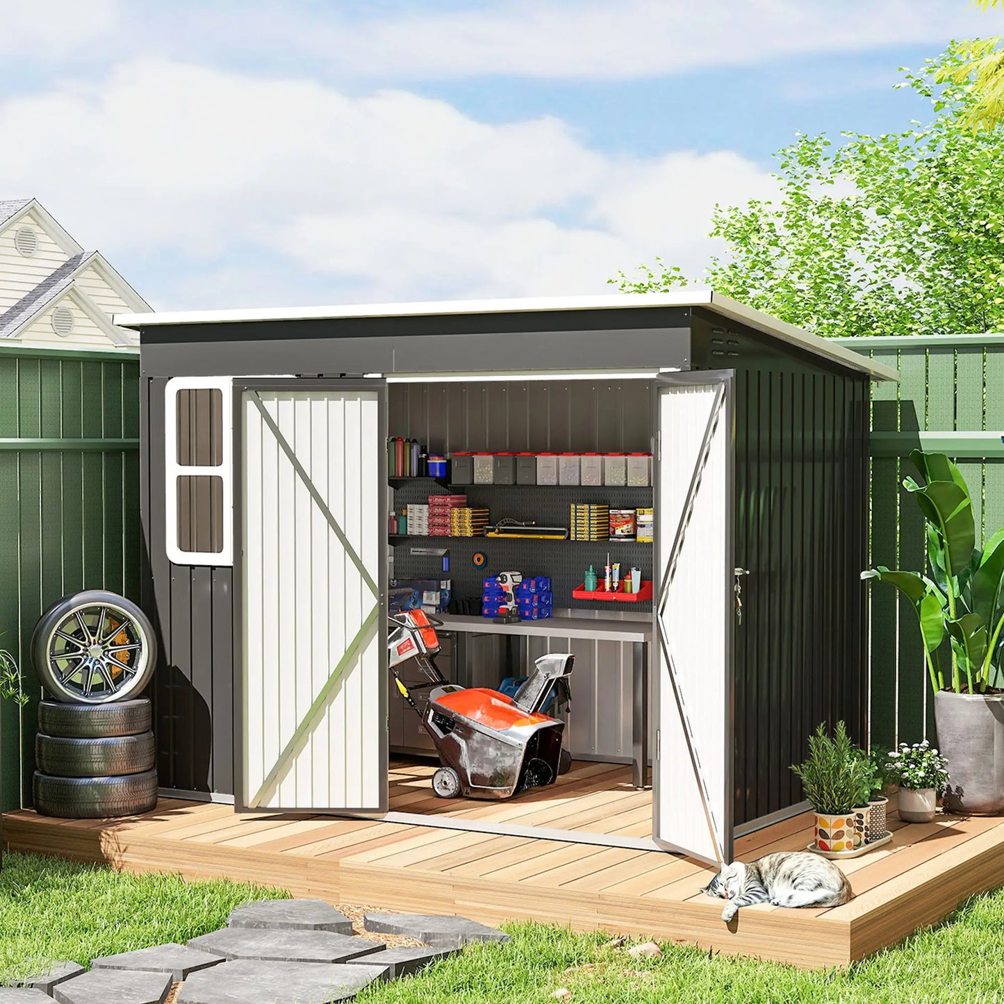 8.5' x 6' Galvanised Steel Outdoor Storage Shed, Lockable Doors, Dark Grey Sheds at Gallery Canada