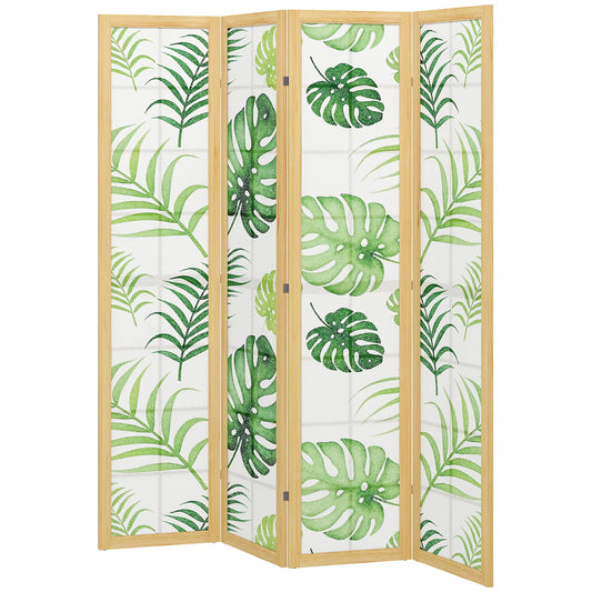 4 Panel Folding Privacy Screen, 67" Palm Leaf Design, Natural Green, Green