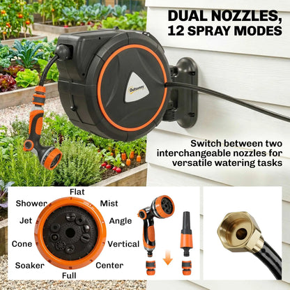 Retractable Garden Hose Reel, 1/2"x75.5ft Wall Mounted Hose Reel with 12-Pattern Nozzles, Auto Retraction, Self-Locking Garden Accessories at Gallery Canada