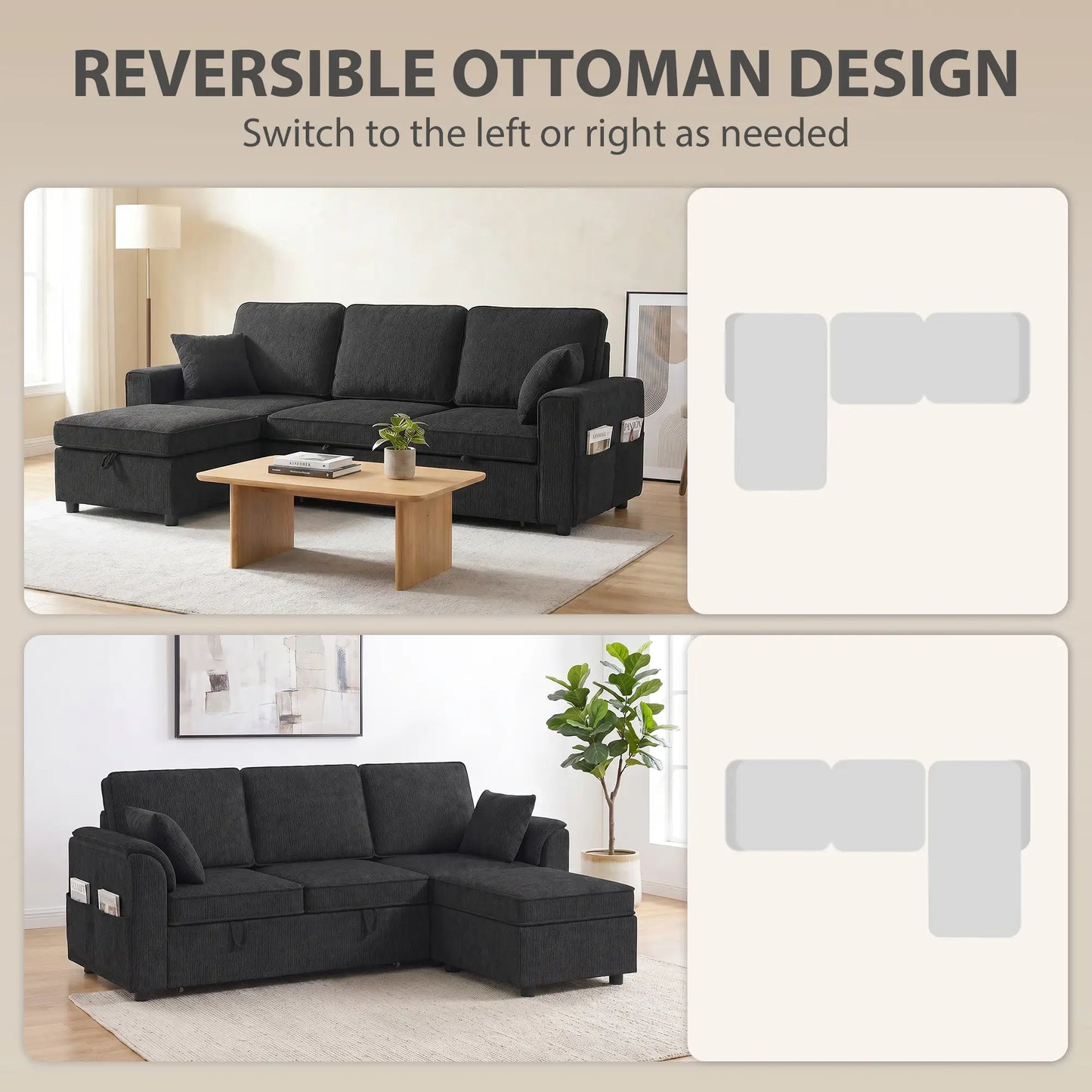 Reversible Sectional Sofa Bed With Storage Ottoman, Black