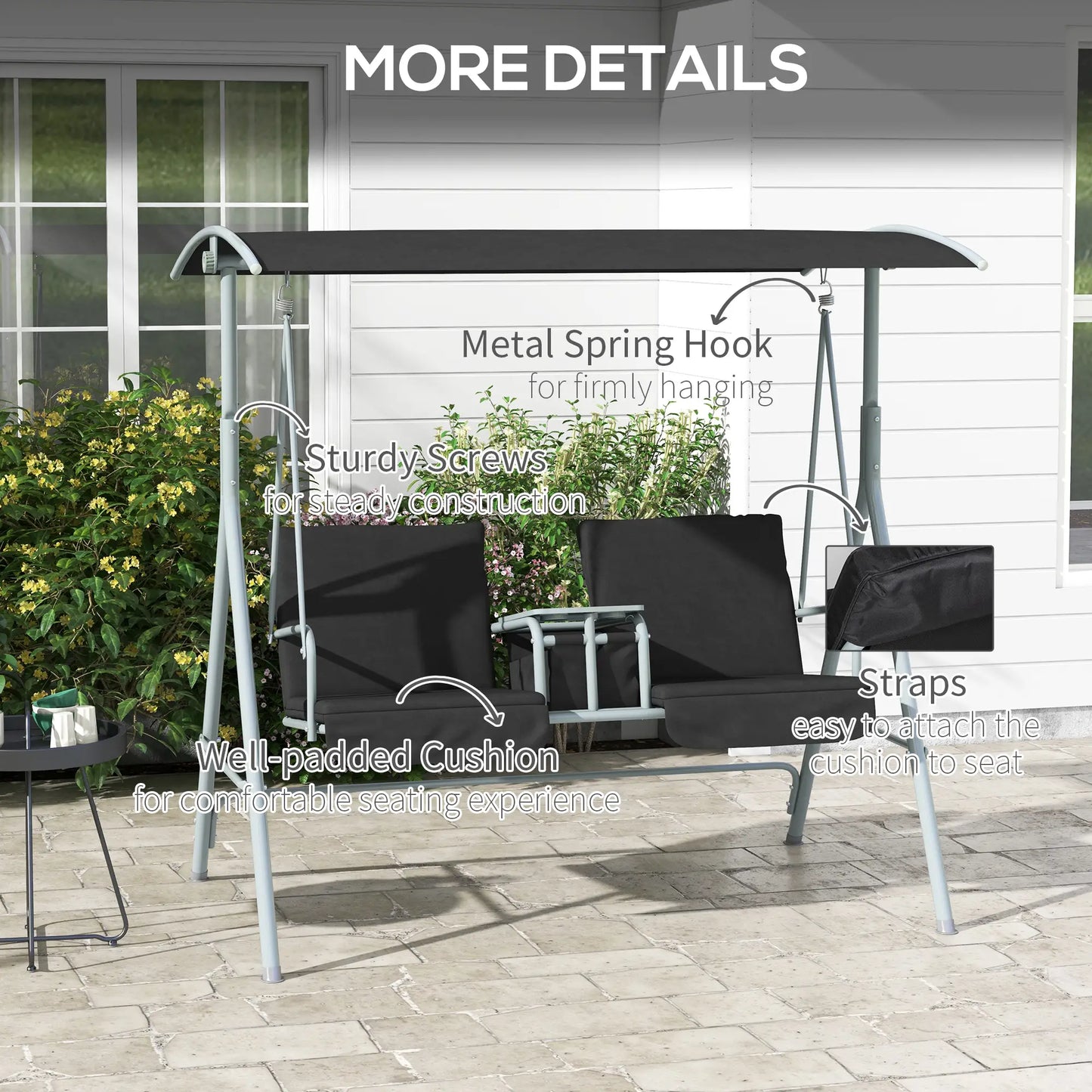 2-Seater Outdoor Porch Swing, Adjustable Canopy, Table, Black Patio Swings with Stand at Gallery Canada