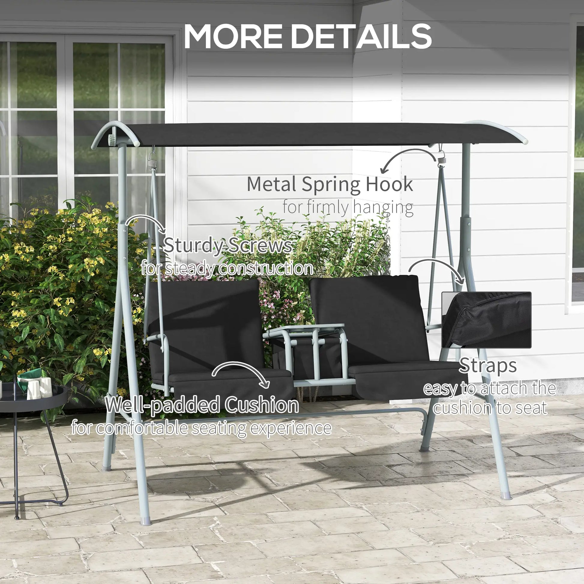 2-Seater Outdoor Porch Swing, Adjustable Canopy, Table, Black Patio Swings with Stand at Gallery Canada