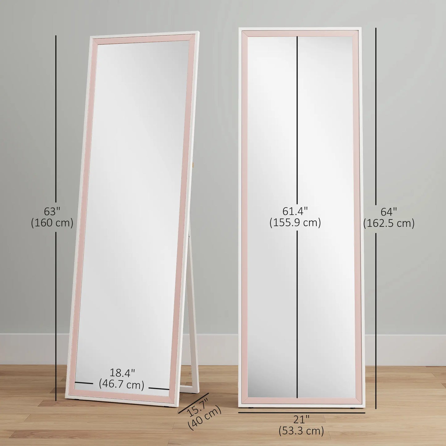 64" x 21" Full Length Mirror, Rectangular Frame, Standing, White and Pink Full Length Mirrors at Gallery Canada