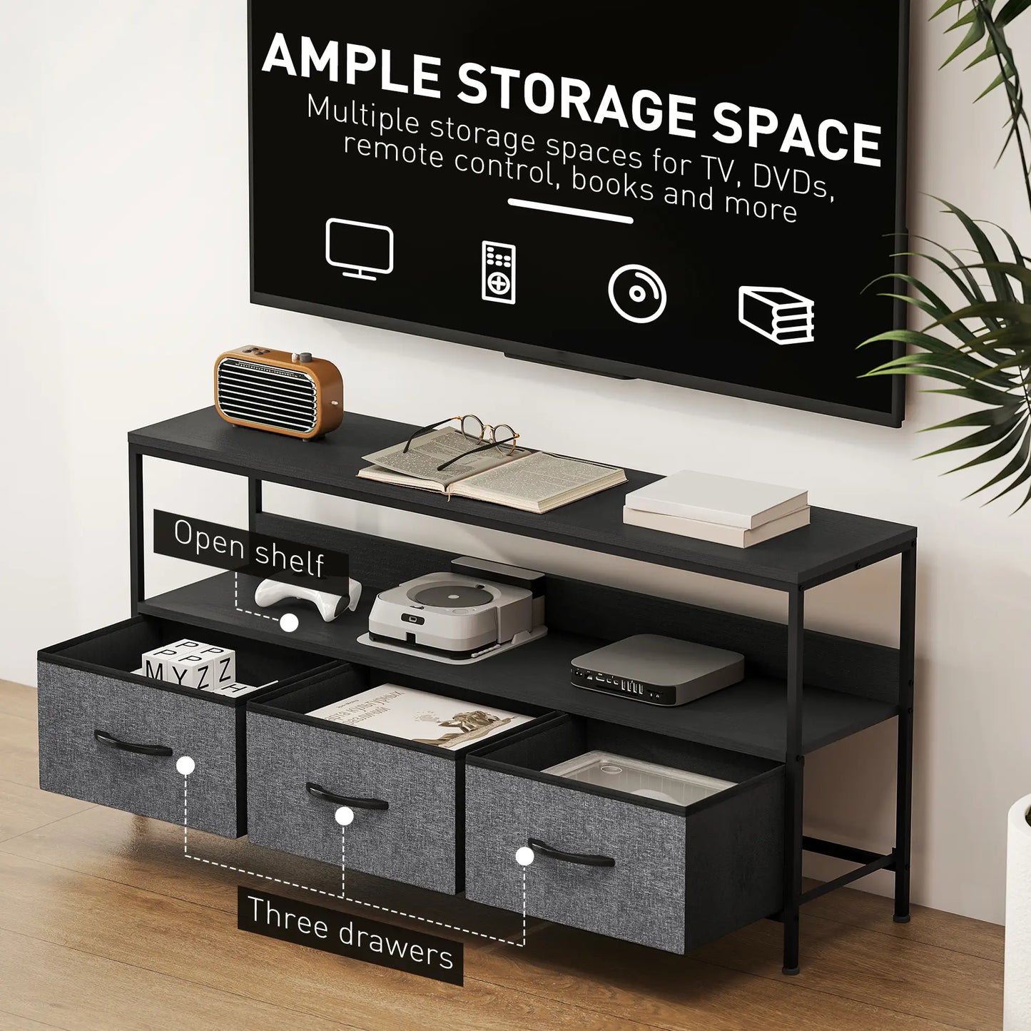 TV Stand with Charging Station, 3 Foldable Drawers, Open Shelf, 55 Inch, Black TV Stands at Gallery Canada
