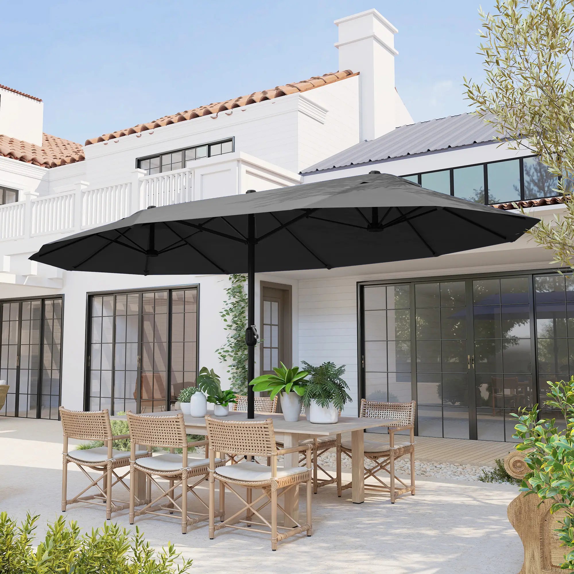 15ft Double-Sided Sun Umbrella, Twin Canopy, Crank, Black Sun Umbrellas at Gallery Canada