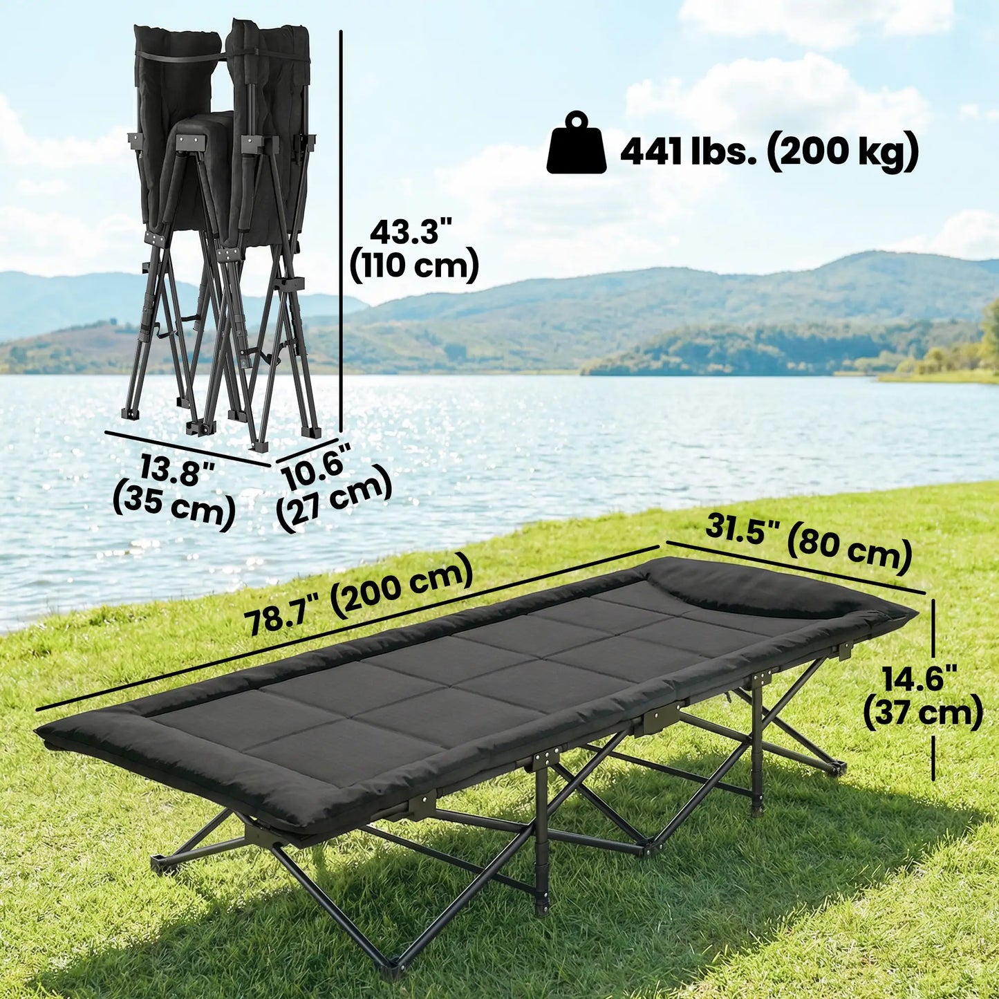 Camping Cot For Adults, 31.5" Wide, Padded Cushion, Carry Bag, Black Camping Cots at Gallery Canada