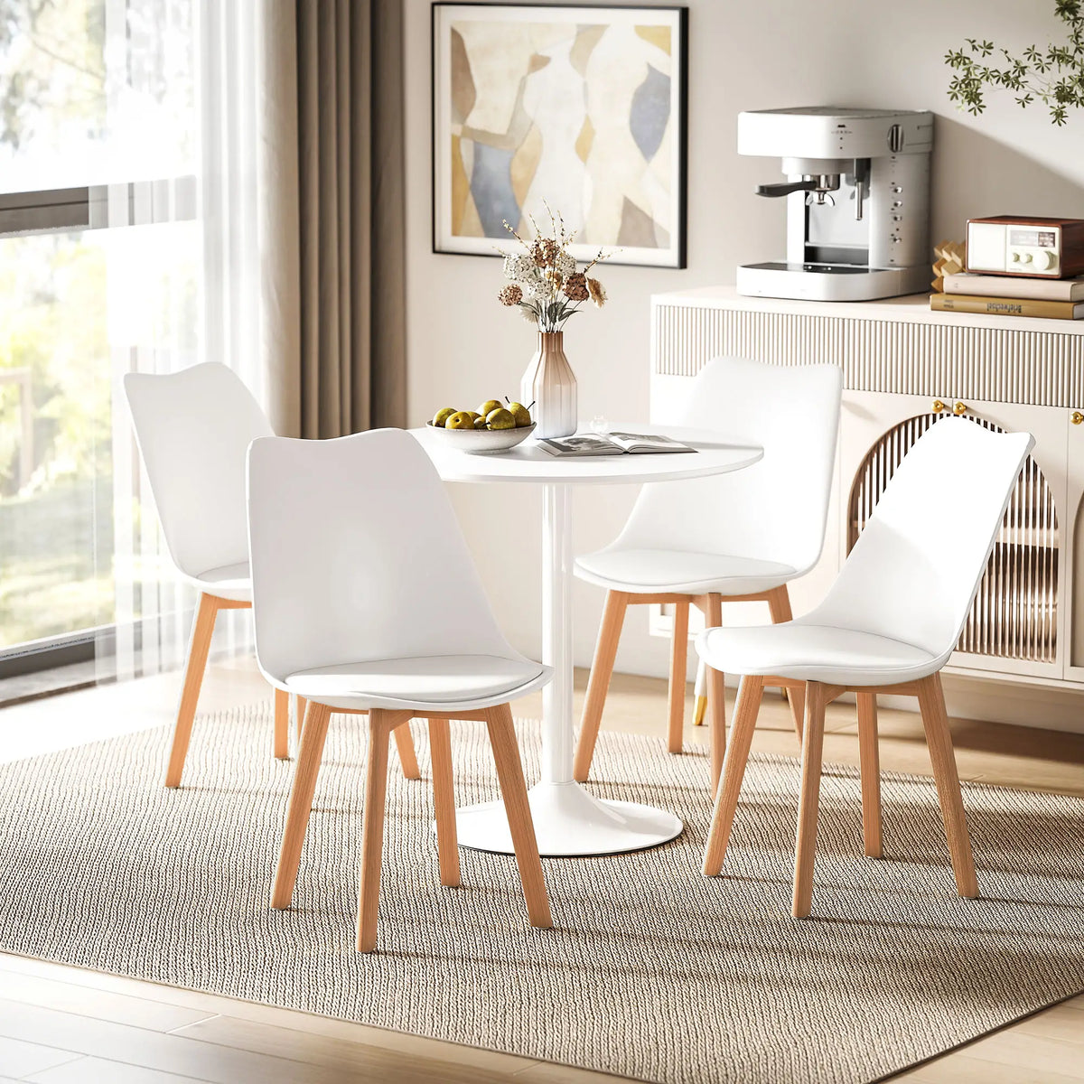 Round Dining Table Set for 4, Pedestal Base, PU Padded Seats, White Dining Table Sets at Gallery Canada