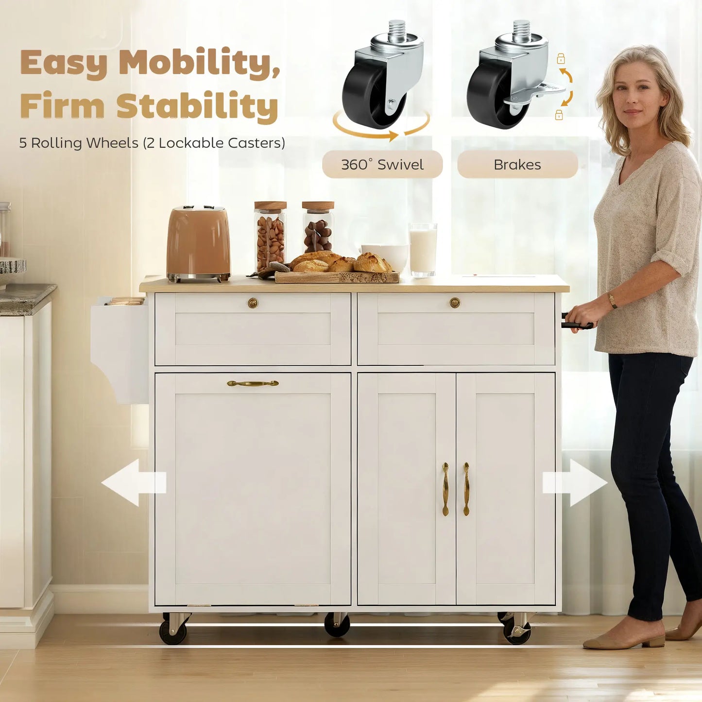Kitchen Island Cart with Charging Station, Drop Leaf, Trash Can Cabinet, White Kitchen Islands & Kitchen Carts at Gallery Canada