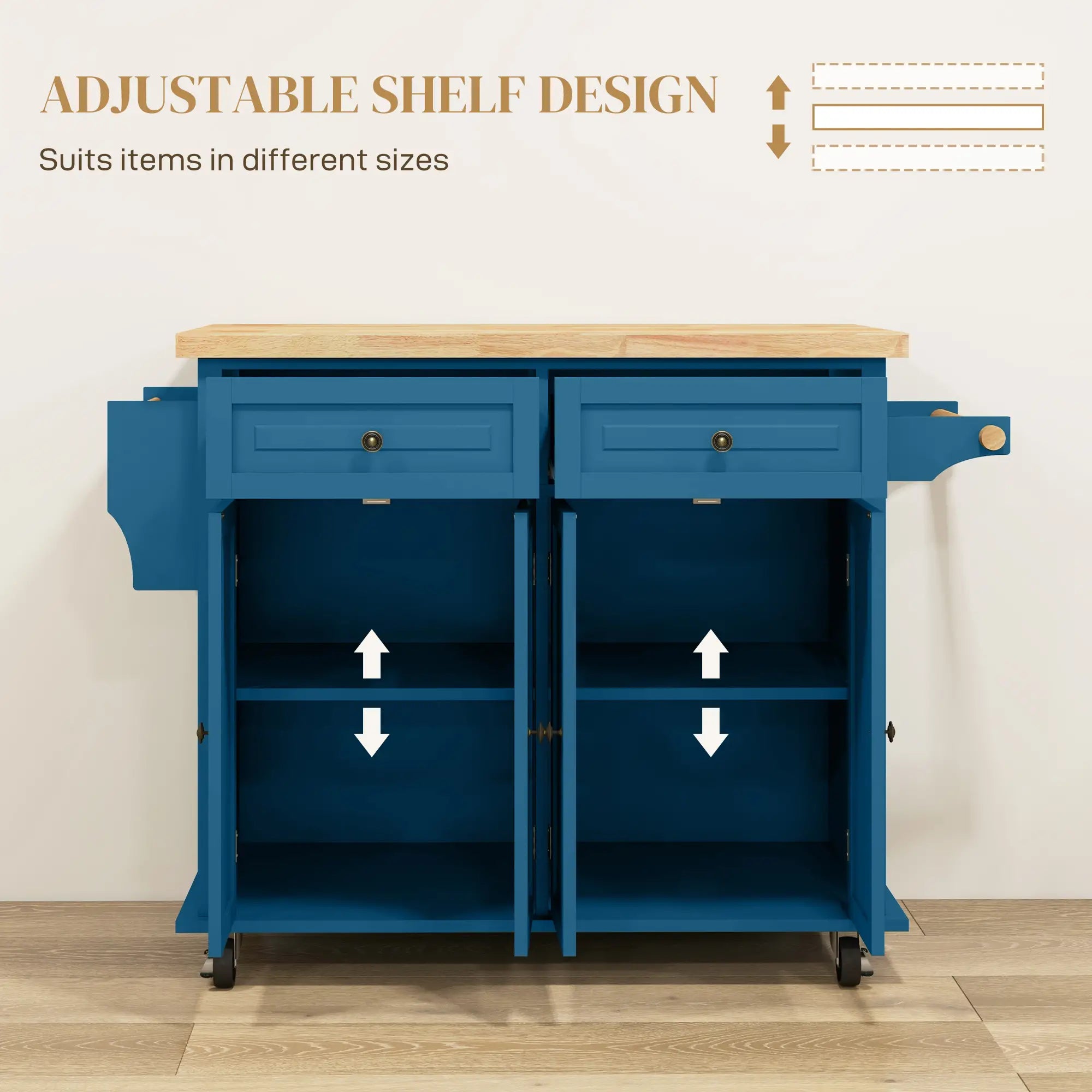 Kitchen Island with Storage, Rolling Cart, Rubber Wood Top, Blue Kitchen Islands & Kitchen Carts at Gallery Canada