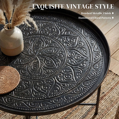 Vintage Coffee Table, 24" Round, Hammered Tray Top, Metal Frame, Pewter Coffee Tables at Gallery Canada