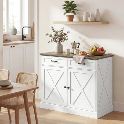 Kitchen Island with Sitting Space, Sideboard Cabinet with 2 Drawers and 2 Adjustable Shelves for Dining Room, White