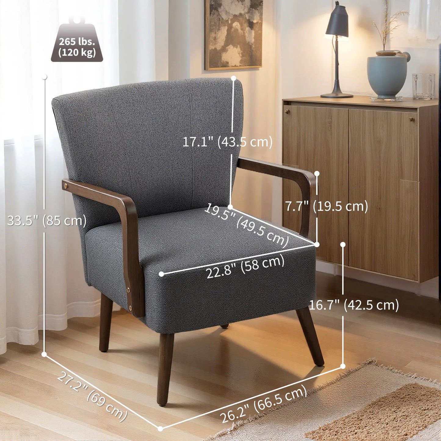 Accent Chair with Wooden Legs, Linen Fabric, Thick Padding, Dark Grey Accent Chairs at Gallery Canada