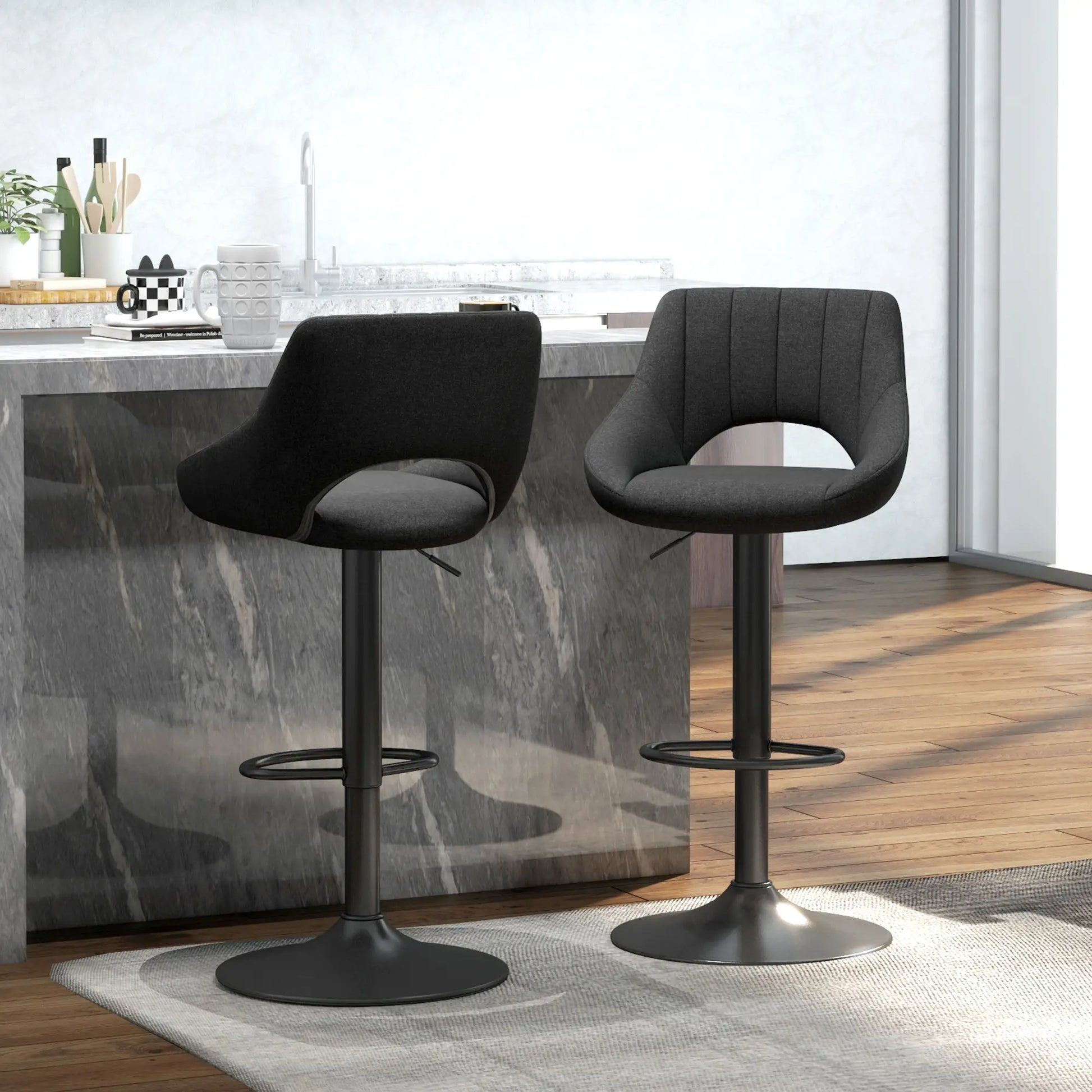 Swivel Bar Stools Set of 2, Linen Upholstered, Round Metal Base Bar Stools at Gallery Canada