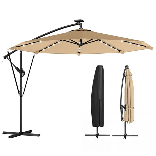 9.7ft Solar LED Cantilever Patio Umbrella, 32 Lights, Cross Base, Crank Handle, Khaki Offset Cantilever Umbrellas Khaki, Black at Gallery Canada