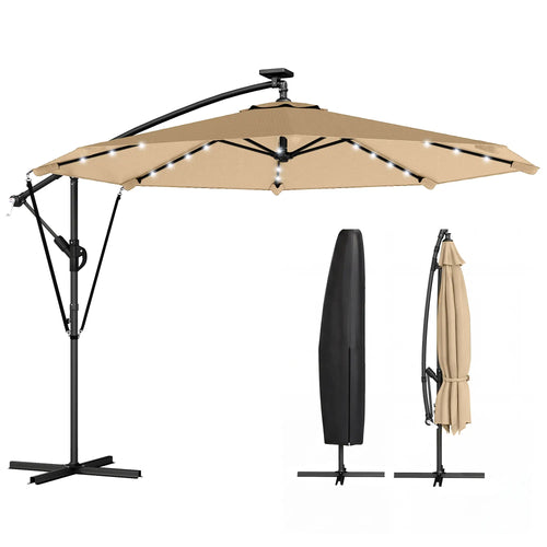 9.7ft Solar LED Cantilever Patio Umbrella, 32 Lights, Cross Base, Crank Handle, Khaki