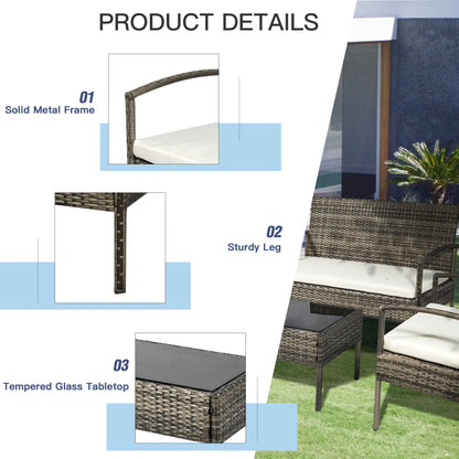 4-Piece Patio Set, Loveseat, 2 Armchairs, Coffee Table, PE Rattan, Cushions, Grey, Cream Patio Furniture Sets at Gallery Canada