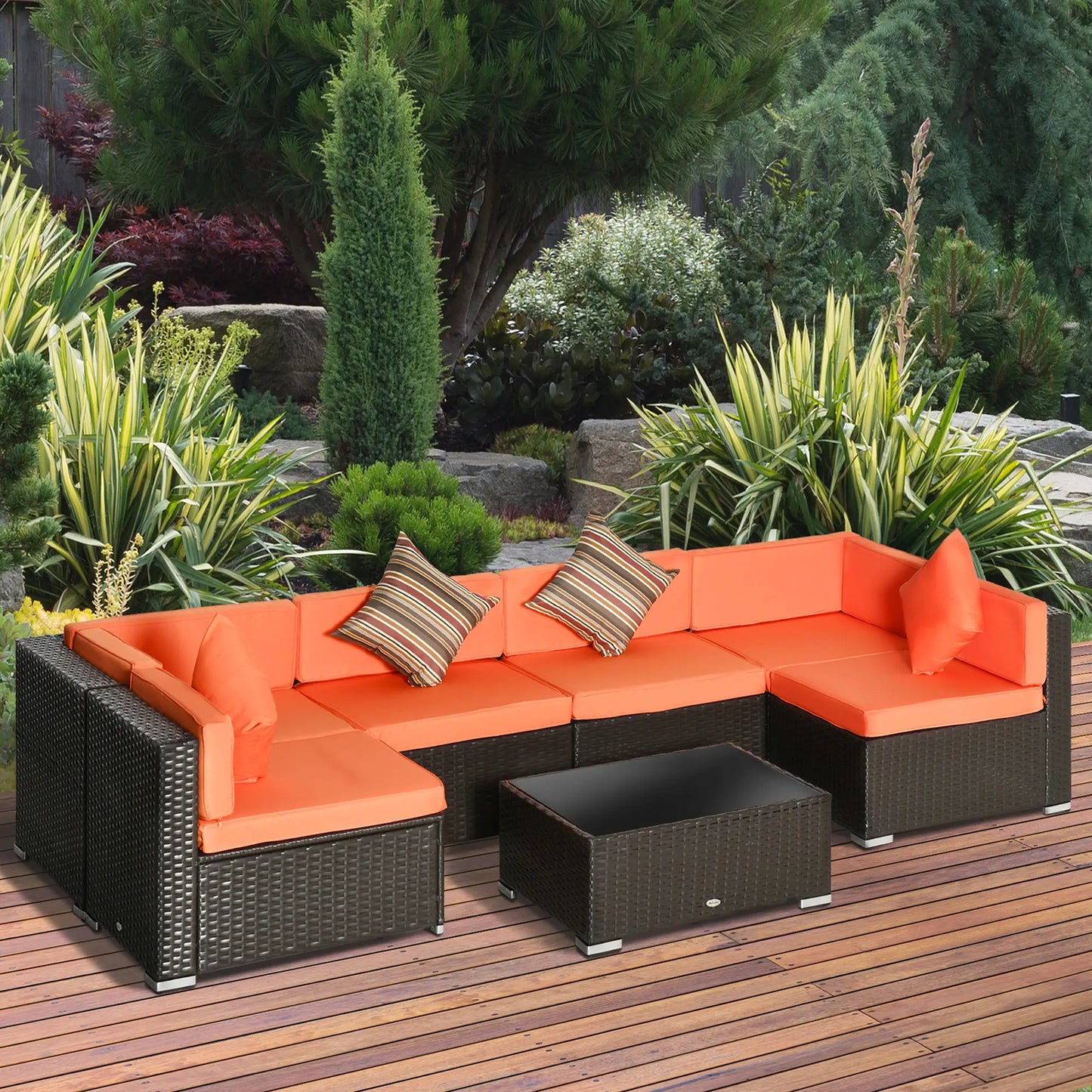 7pcs Garden Wicker Sectional Set, Tea Table, Patio Rattan Sofa, Cushion, Outdoor Deck, Orange Patio Furniture Sets at Gallery Canada