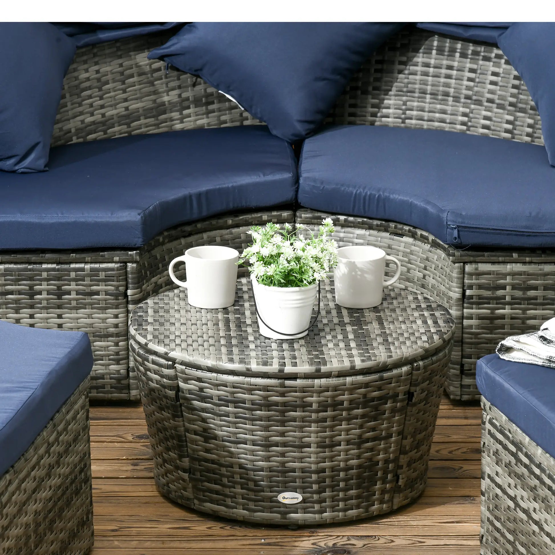 Outdoor Daybed with Retractable Canopy, PE Rattan Wicker Round Sofa, Dark Blue Daybeds at Gallery Canada