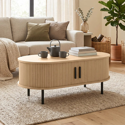 Coffee Table with Sliding Tambour Doors and Storage Center Table with Metal Legs, 39", Natural