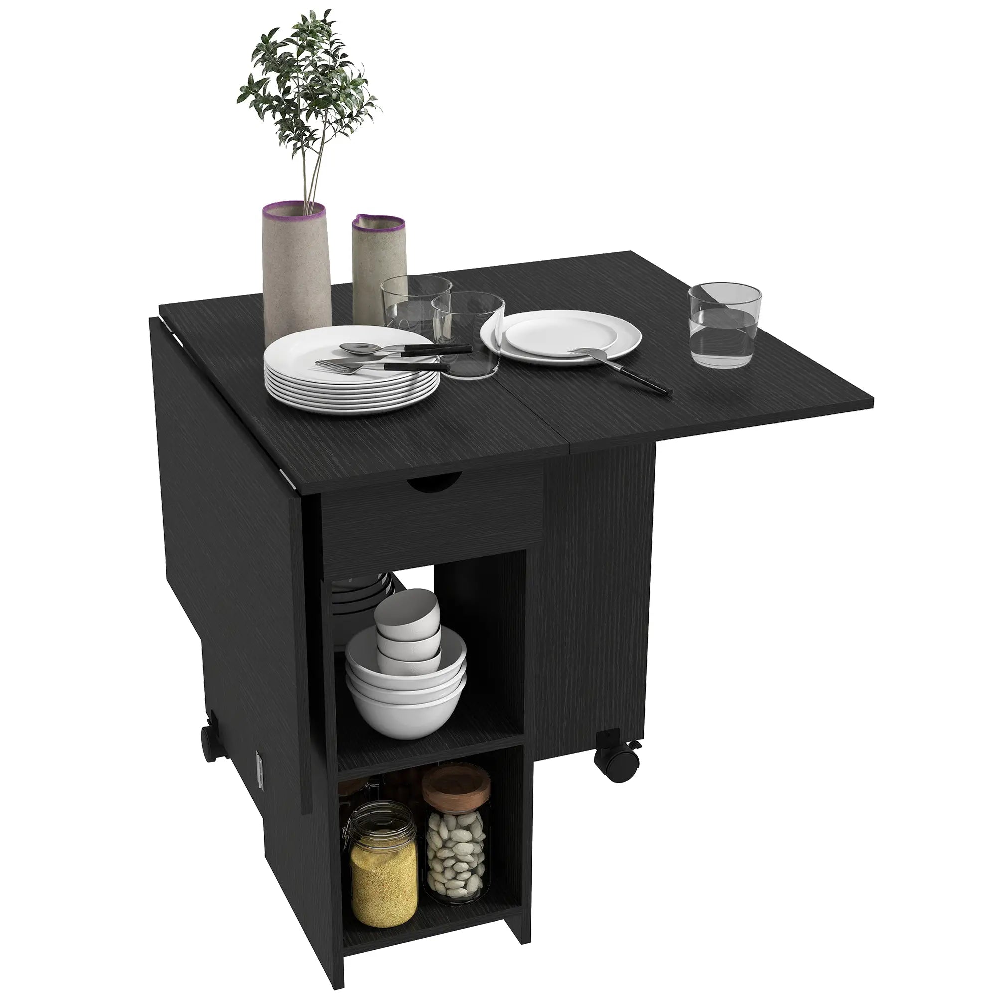 Folding Drop Leaf Kitchen Table with Drawer and Shelves, Black Dining Tables Black at Gallery Canada