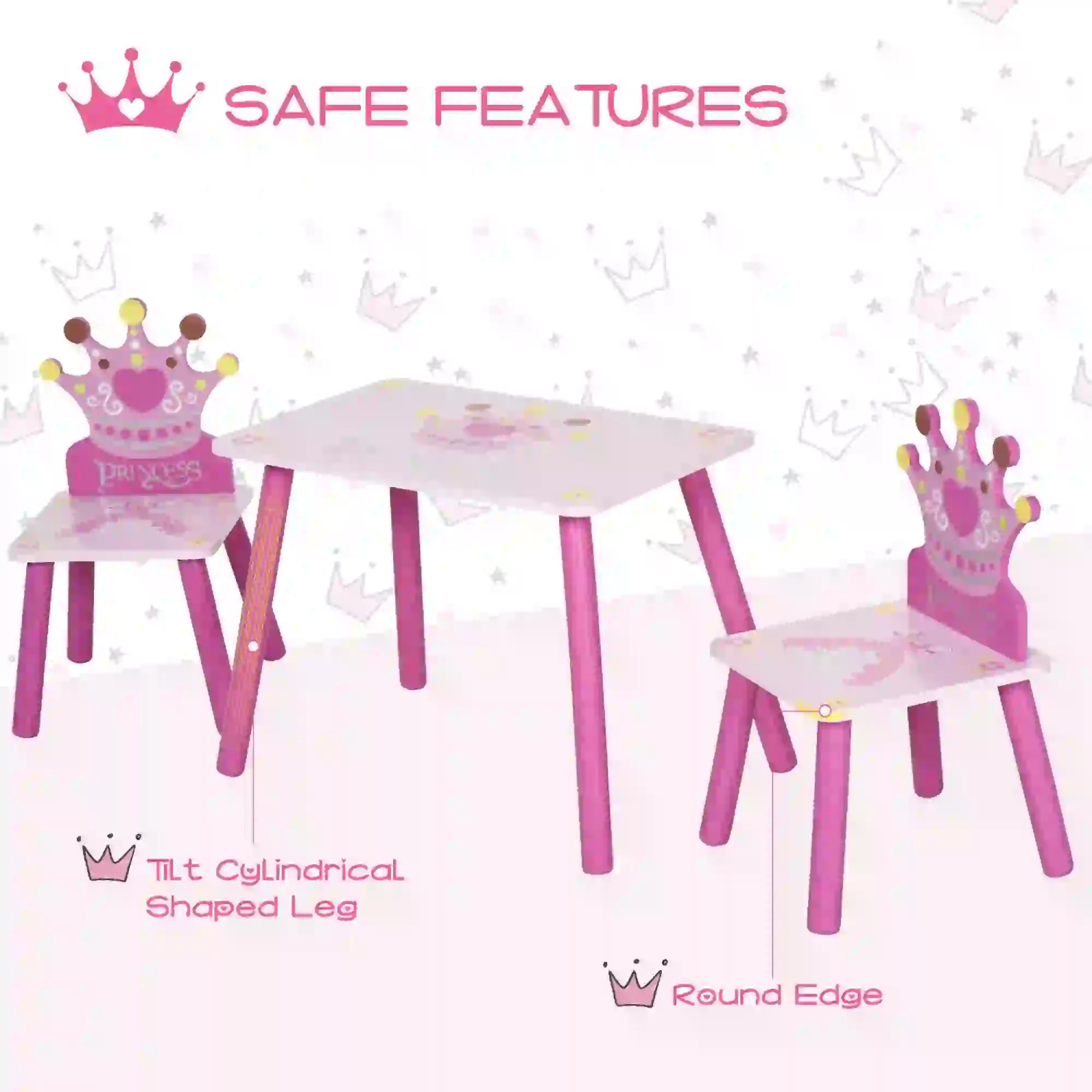 Kids Wooden Table Chair Set, Crown Pattern, Easy Clean, Age 2-4, Pink Kids Table Sets at Gallery Canada