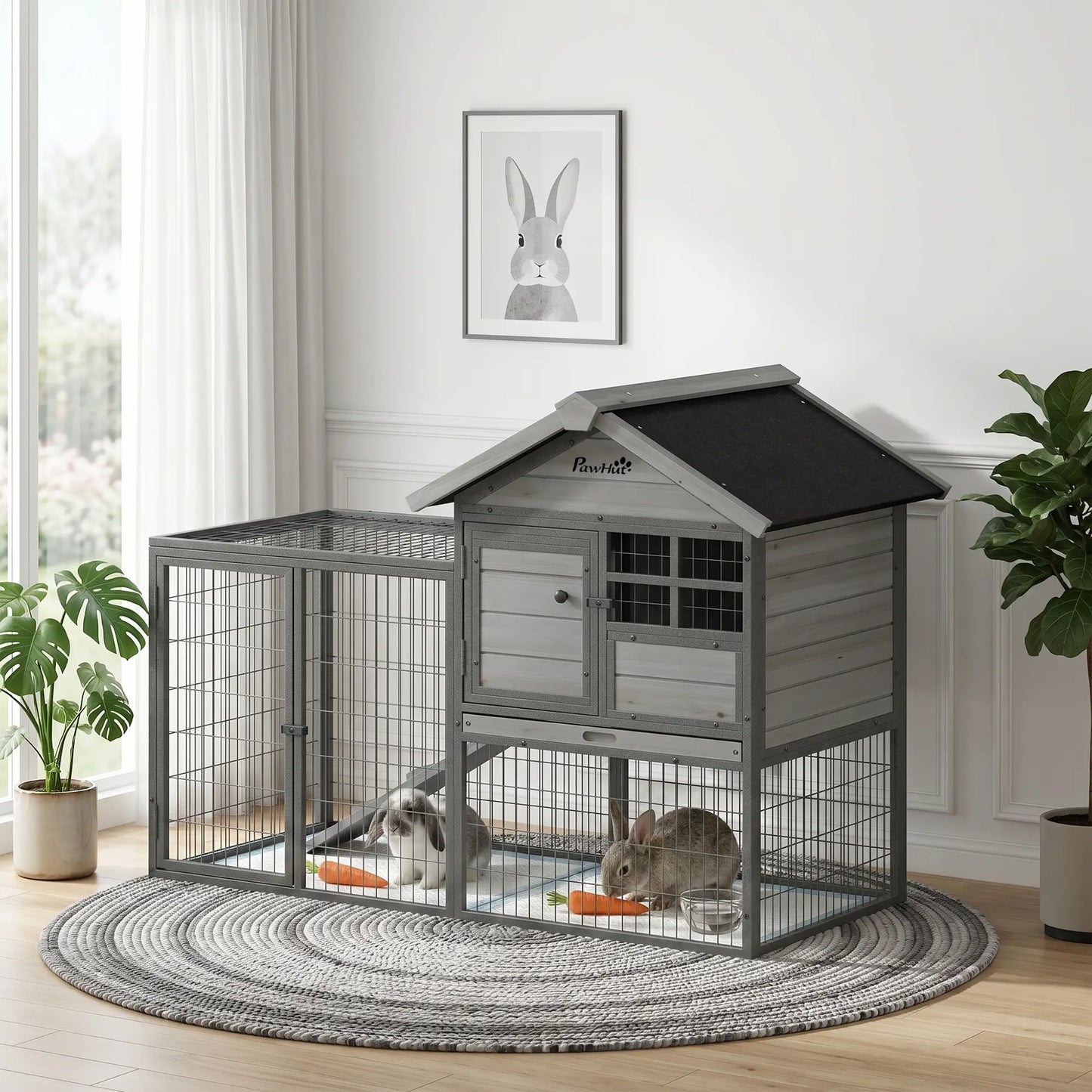 48"L Large Wooden Rabbit Hutch Outdoor, Grey