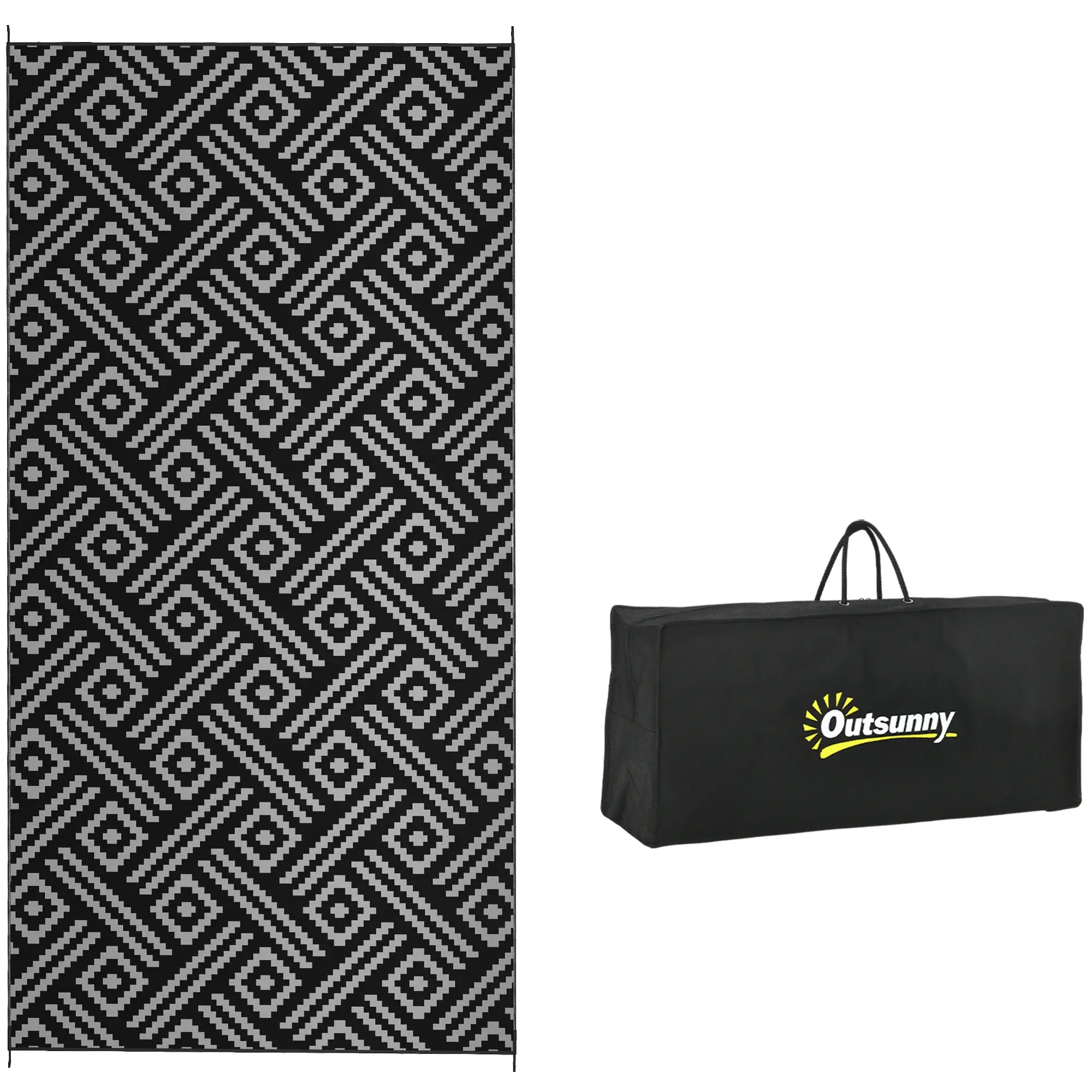 Reversible Outdoor Rug, Waterproof, 9' x 18', Geometric, Black Grey Outdoor Reversible Rugs at Gallery Canada