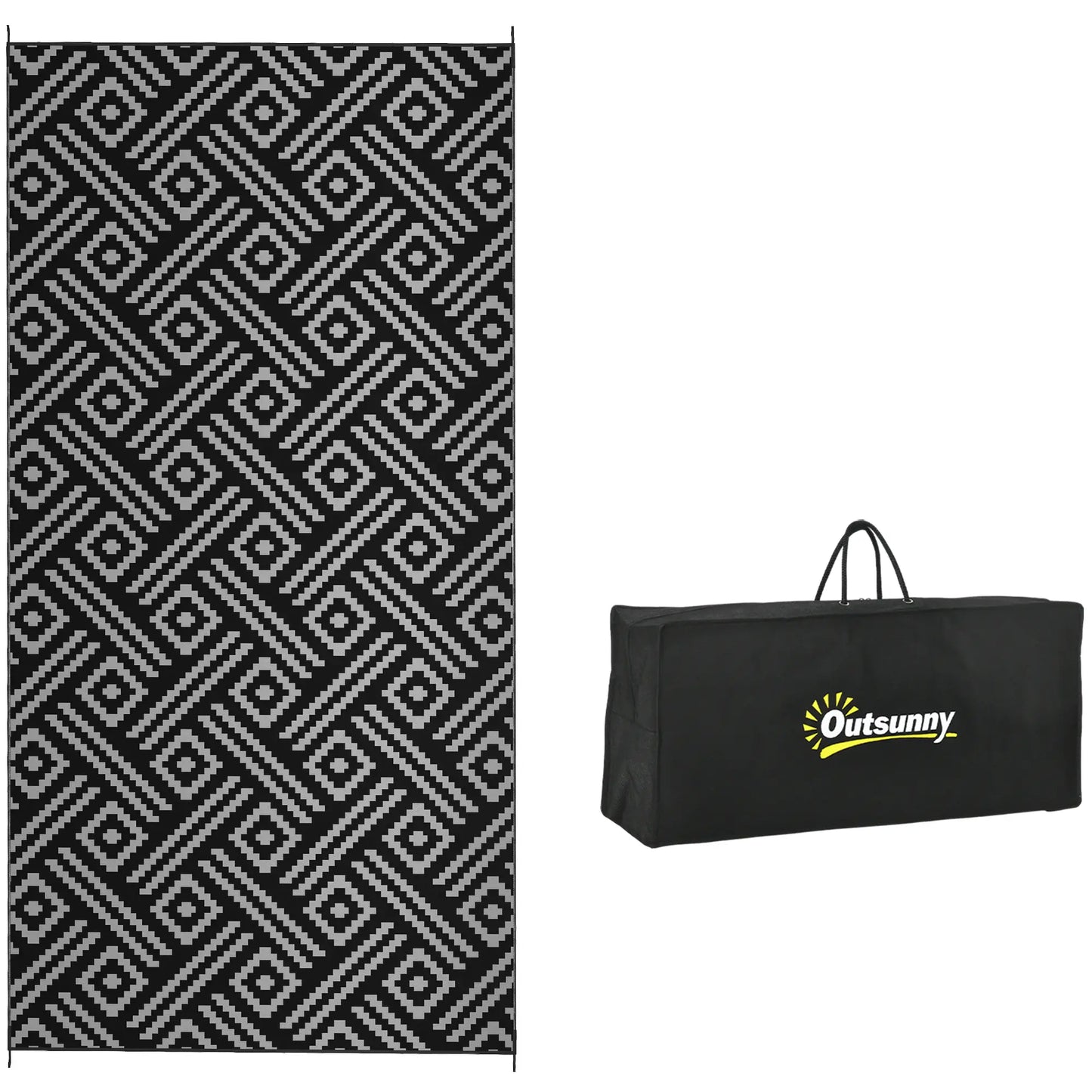 Reversible Outdoor Rug, Waterproof, 9' x 18', Geometric, Black Grey Outdoor Reversible Rugs at Gallery Canada