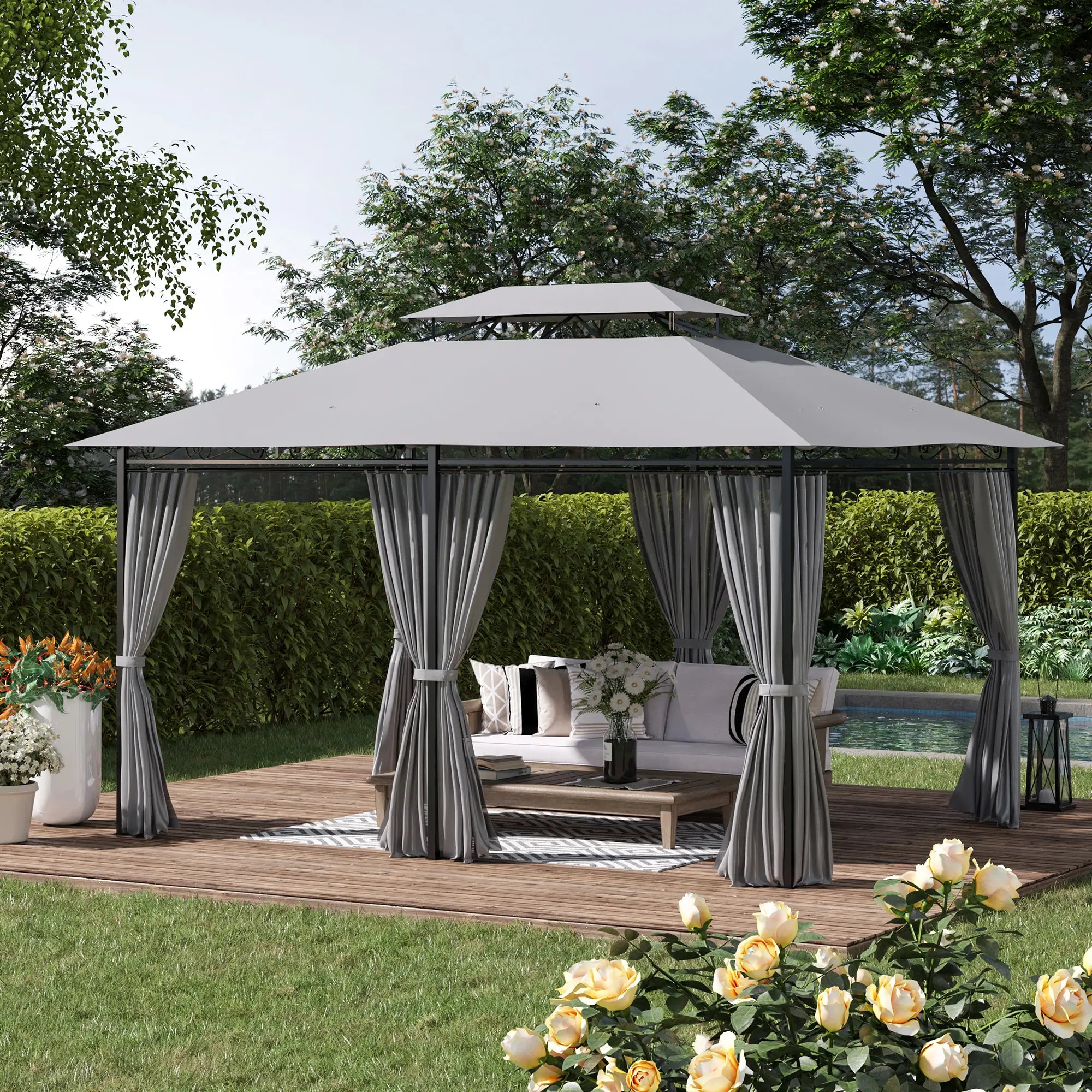10' x 13' Patio Gazebo, 2-Tier Canopy with Curtains, Dark Grey Gazebos at Gallery Canada