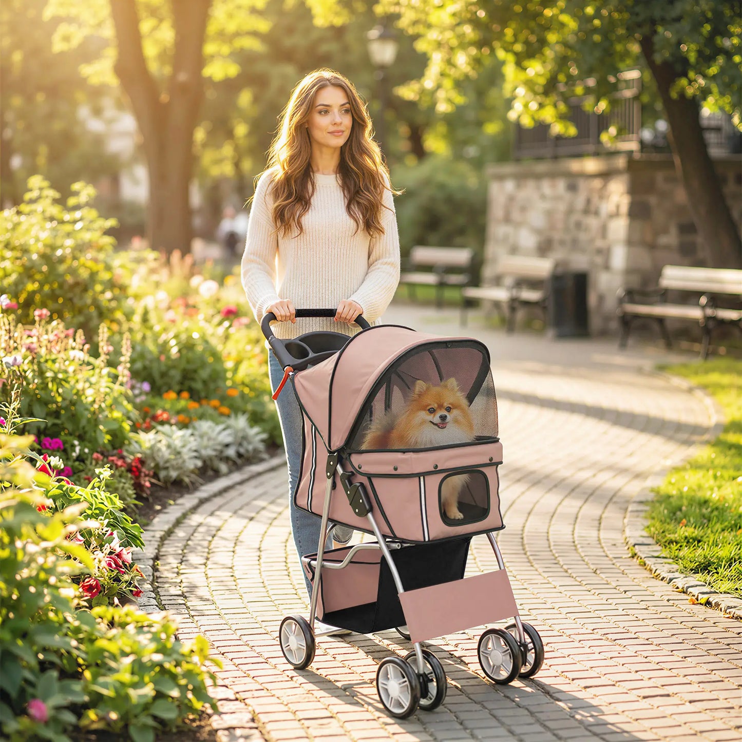 Foldable Pet Stroller, Wheels, Reflective Strips, Brake, Pad, Basket, Coffee Dog Bike Trailers & Strollers at Gallery Canada