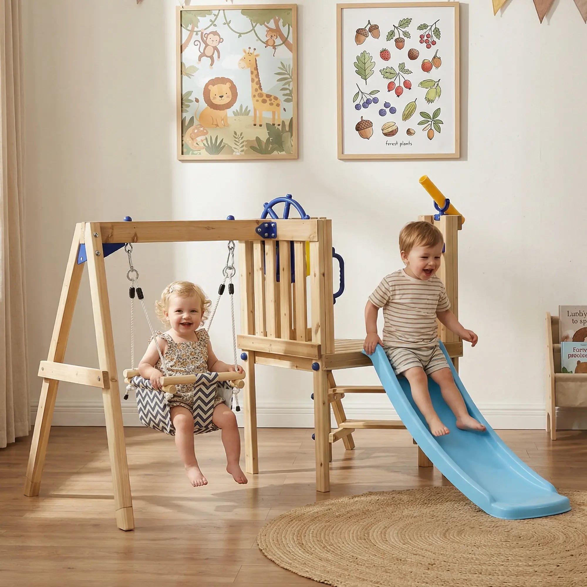 Wooden Kids Swing Set With Slide, Swing Seat, Captain's Wheel, Telescope, Natural Gym Sets & Swings at Gallery Canada