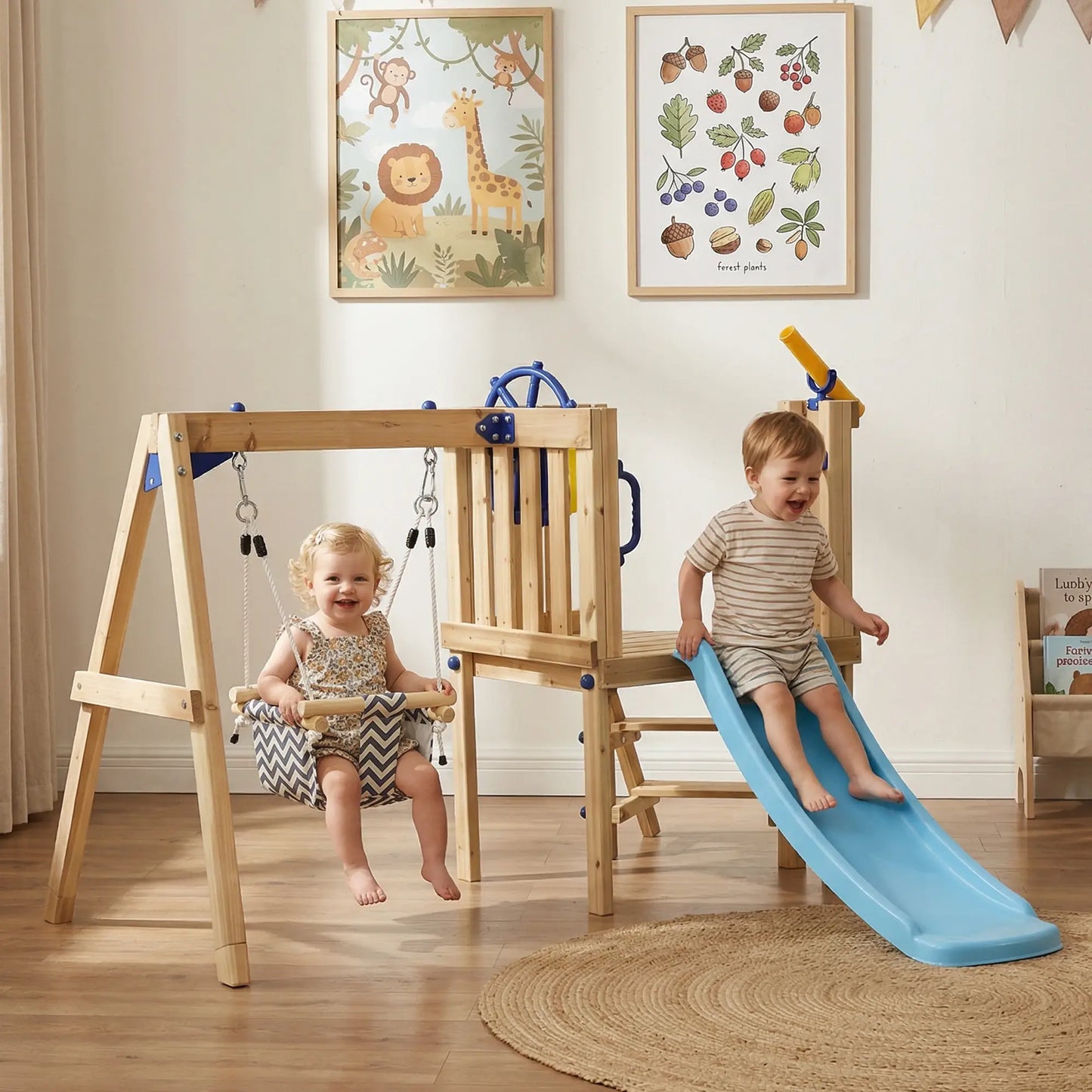 Wooden Kids Swing Set With Slide, Swing Seat, Captain's Wheel, Telescope, Natural Gym Sets & Swings at Gallery Canada