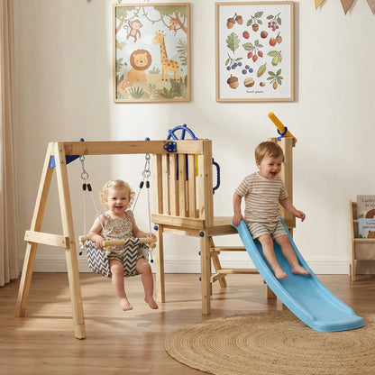 Wooden Kids Swing Set With Slide, Swing Seat, Captain's Wheel, Telescope, Natural Gym Sets & Swings at Gallery Canada
