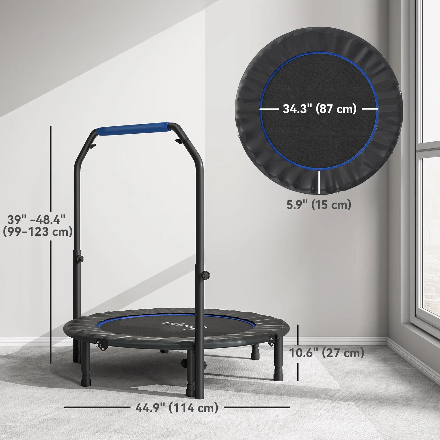 45" Foldable Mini Fitness Trampoline, Adjustable Foam Handle, Blue Trampolines at Gallery Canada