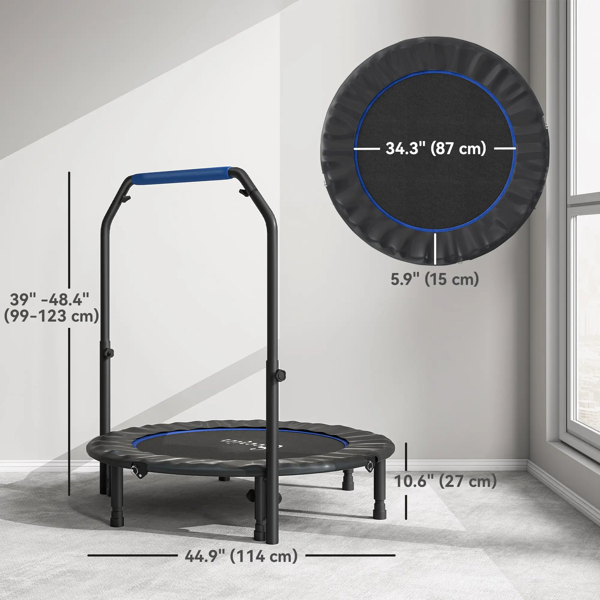 45" Foldable Mini Fitness Trampoline, Adjustable Foam Handle, Blue Trampolines at Gallery Canada