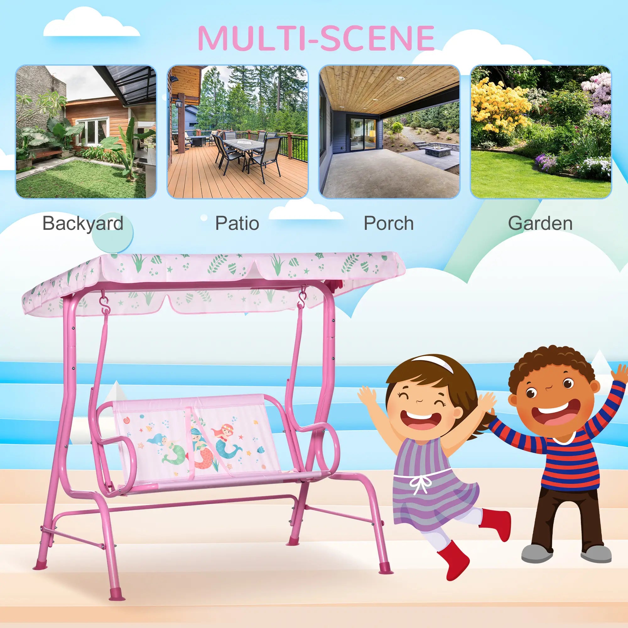2-Seat Kids Porch Swing, Outdoor Chair with Canopy, Seat Belt, Mermaid, Pink Gym Sets & Swings at Gallery Canada