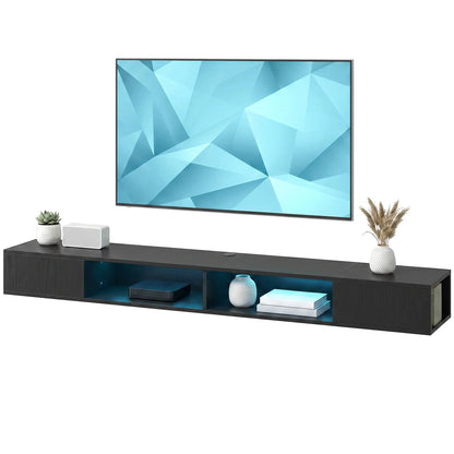 TV Stand with RGB LED Lights, Entertainment Center with Open Shelves for 75 Inch TV, Black Wood Grain