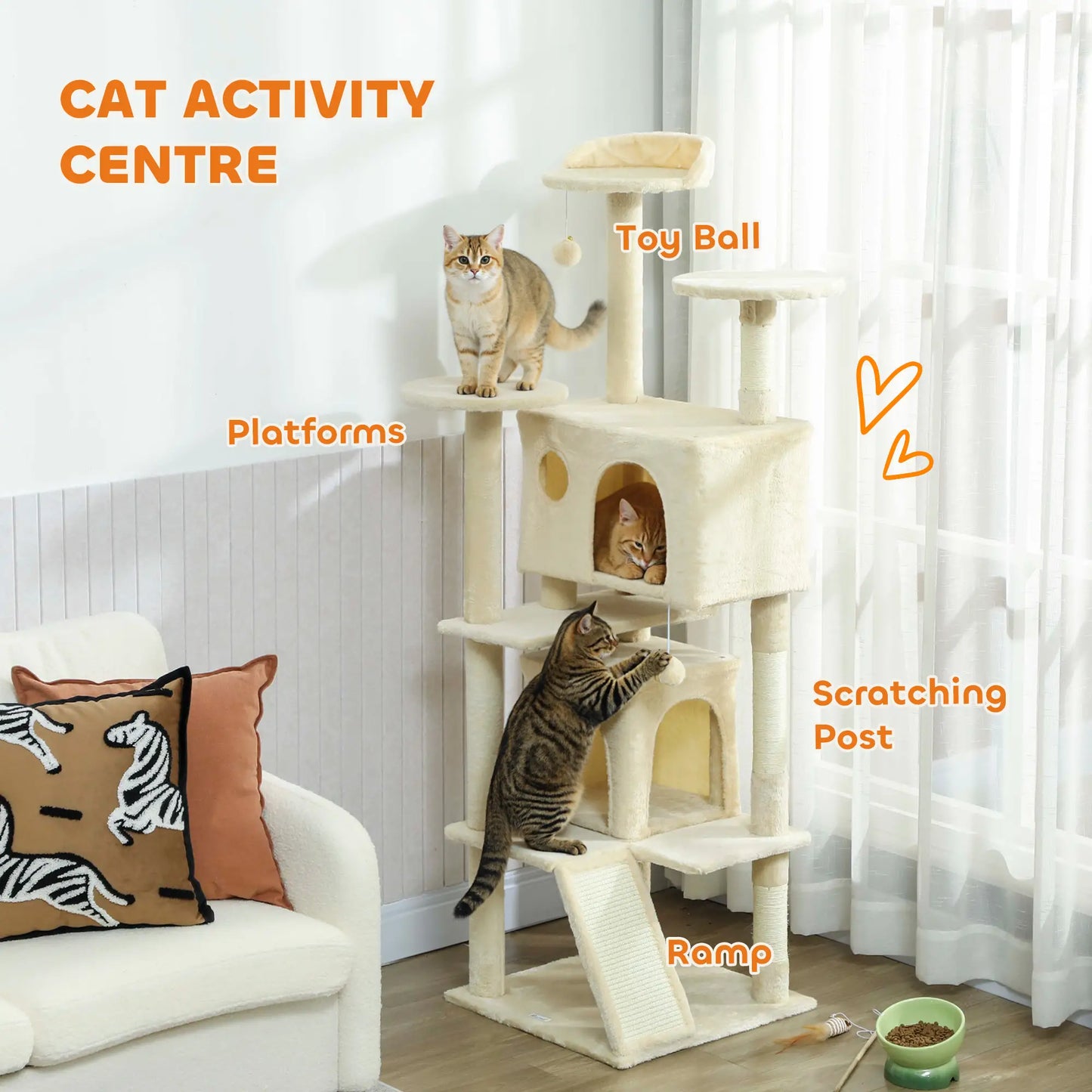 63" Cat Tree, Multi-Level Cat Tower With Scratching Posts, Bed, Cream White Multi-Level Cat Towers at Gallery Canada
