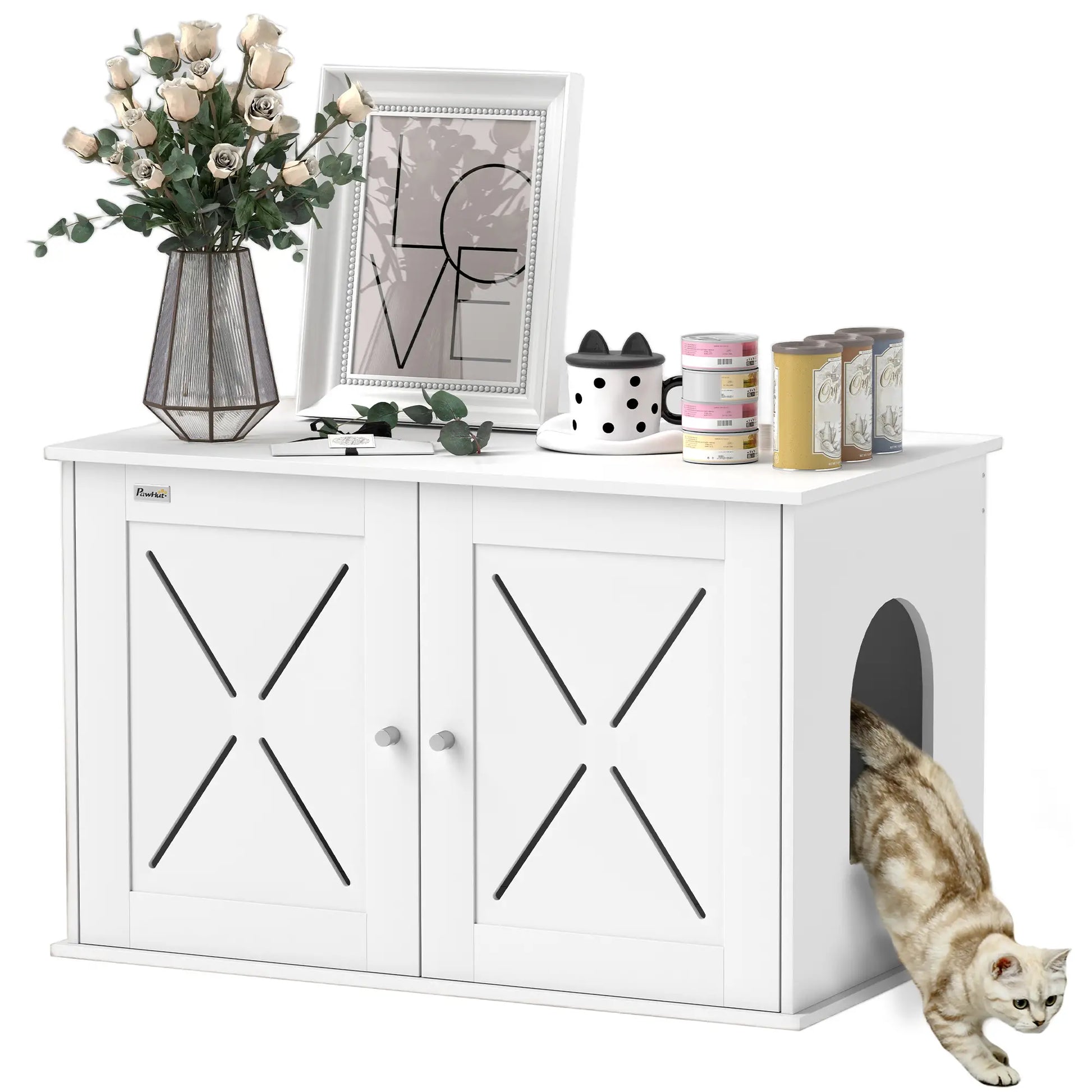 Hidden Cat Litter Box Enclosure, Double Doors, Hole, 31.5" x 19" x 20", White Cat Litter Box Enclosures at Gallery Canada