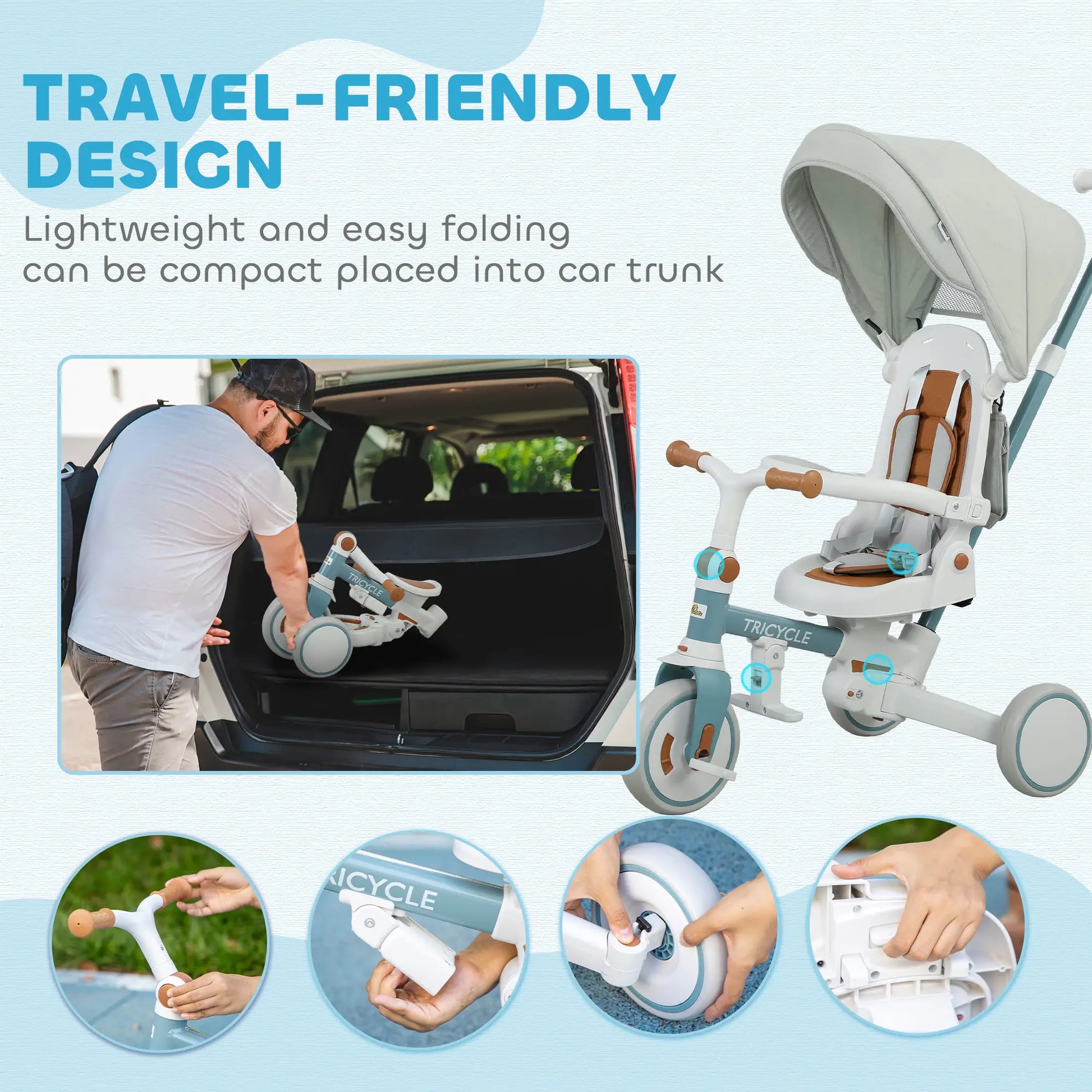 7 in 1 Toddler Tricycle, Adjustable Parent Handle, Canopy, Storage Bag, Brake, Blue Tricycles for Kids at Gallery Canada