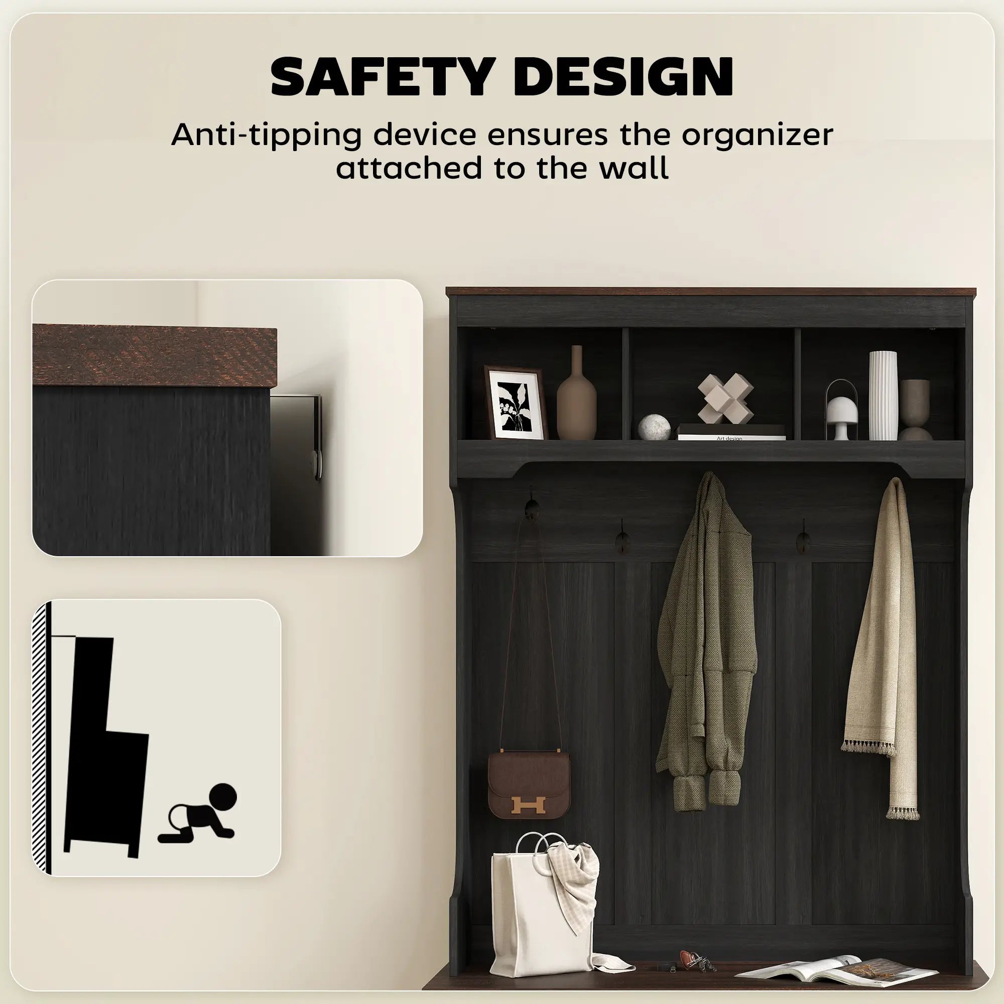 3-in-1 Hall Tree with Bench, Coat Rack, Shoe Storage, Distressed, Black Clothing Storage at Gallery Canada